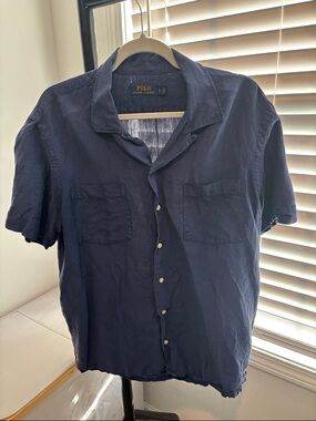 Polo by Ralph Lauren Navy Short-Sleeve Linen and silk Button-Up Shirt